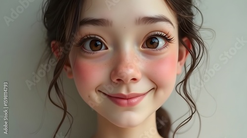 A cute, stylized illustration of a young girl with large expressive eyes and rosy cheeks. An adorable character with a sweet and shy smile.