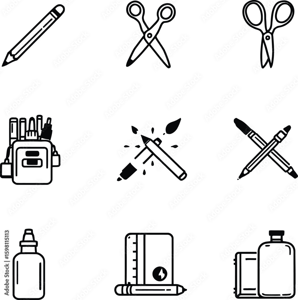 Obraz premium Nine line art icons of art supplies including pencils scissors and containers on a white background