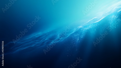 Abstract Underwater Scene with Light Rays and Bubbles in Blue Water