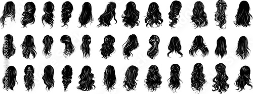 Women hairstyles black ink vector set. Elegant updos messy buns sleek ponytails braided crowns beach waves pixie cuts layered lobs voluminous curls half up styles twisted knots french rolls