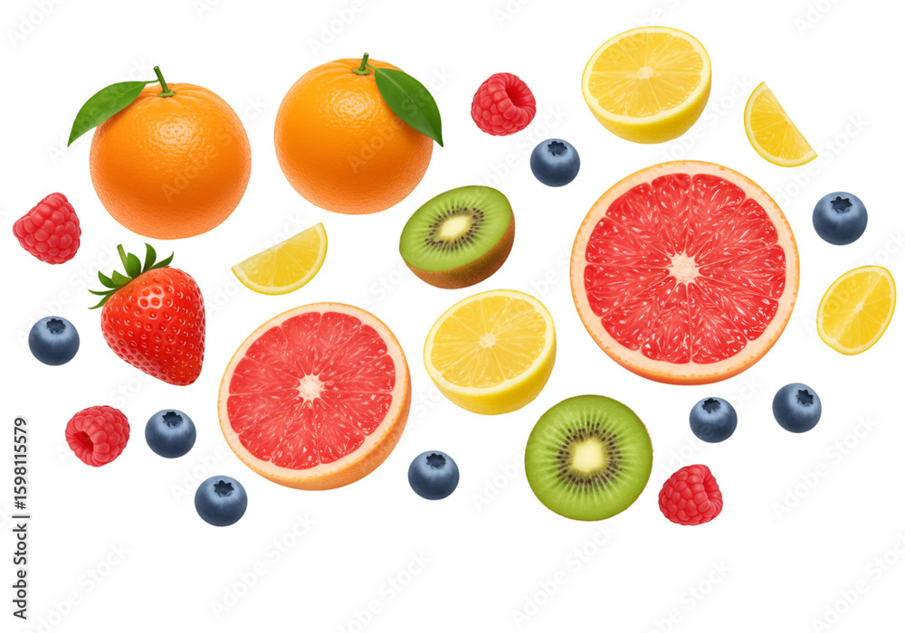 Naklejka premium Fresh Fruit Medley Illustration with Oranges, Grapefruit, and Berries