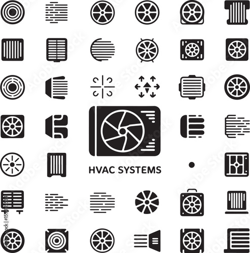 Diverse HVAC System Icons Representing Ventilation Cooling and Heating Technologies Air Conditioning and Purification Equipment for Indoor Climate Control