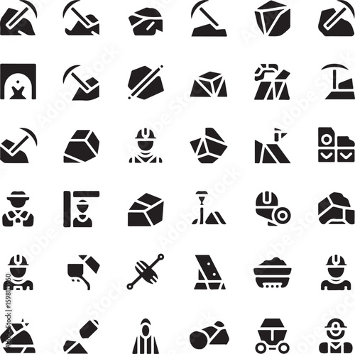 Collection of Mining and Miner Related Vector Icons Depicting Tools, People, Resources and Technology Used in Extraction Processes