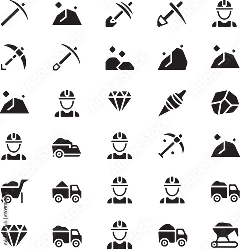 Mining Industry Icons Depicting Tools, Minerals, Equipment and Personnel for Resource Extraction and Underground Activities