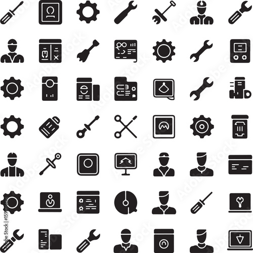 Assorted Silhouette Icons of Tools and Professionals for Repair, Maintenance, and Technology Concepts and Symbolism Depicted in Black