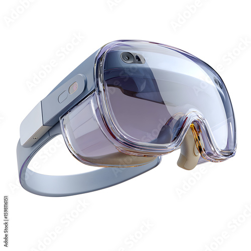 Sleek virtual reality headset with modern curves and smooth surface, tilted in perspective and isolated on transparent background. --v 7.0 --s 250 --raw