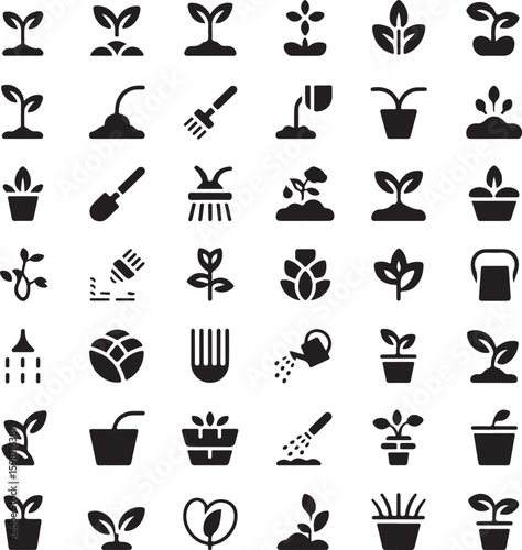 Diverse Vector Icon Set Displaying Various Stages of Plant Growth Gardening Tools and Watering Techniques for Agricultural and Botanical Themes