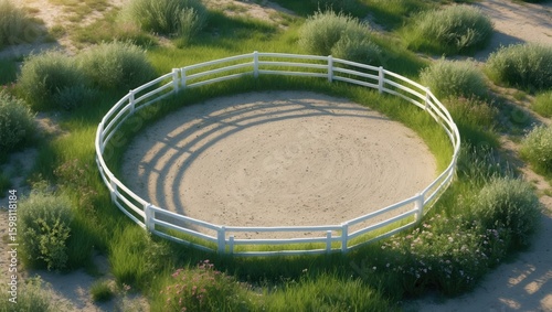 Aerial view of a circular fenced area with sandy ground surrounded by lush green shrubs and plants.