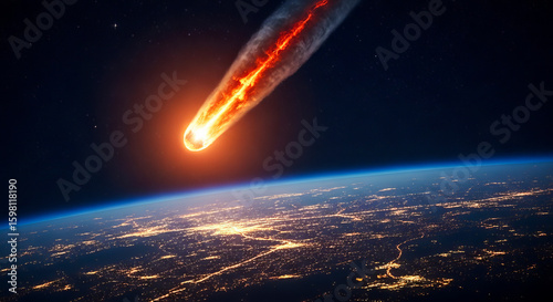 A massive asteroid engulfed in flames entering Earth's atmosphere, with city lights visible on the planet below