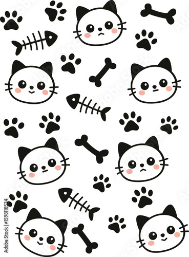 Cute cat face fish bone paw print bone cartoon black white pink seamless pattern playful animal background happy sad emotion