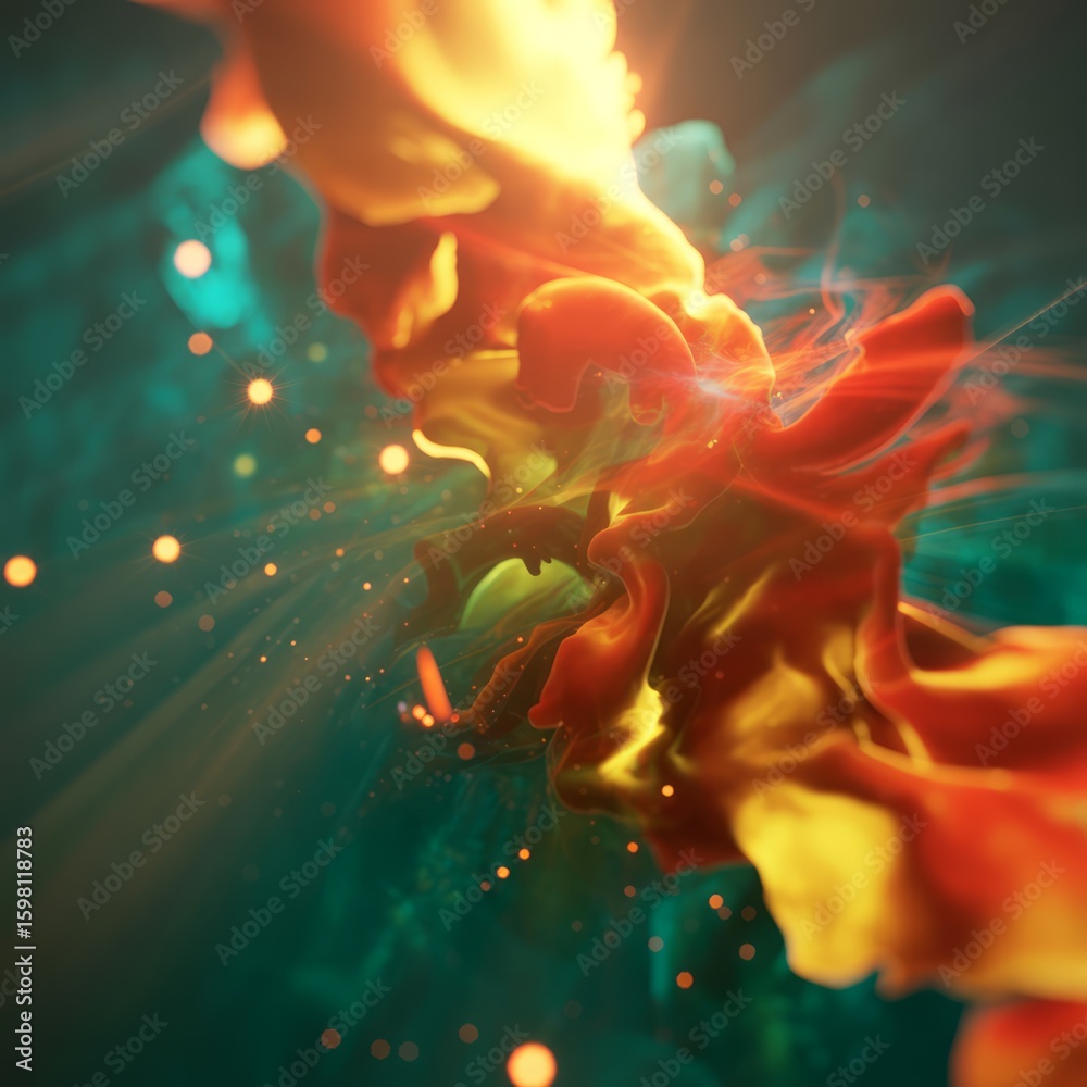 Fototapeta premium Fiery fluid nebula with glowing particles abstract