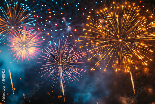 Bursting Fireworks Display Blue Orange Hues Night Sky