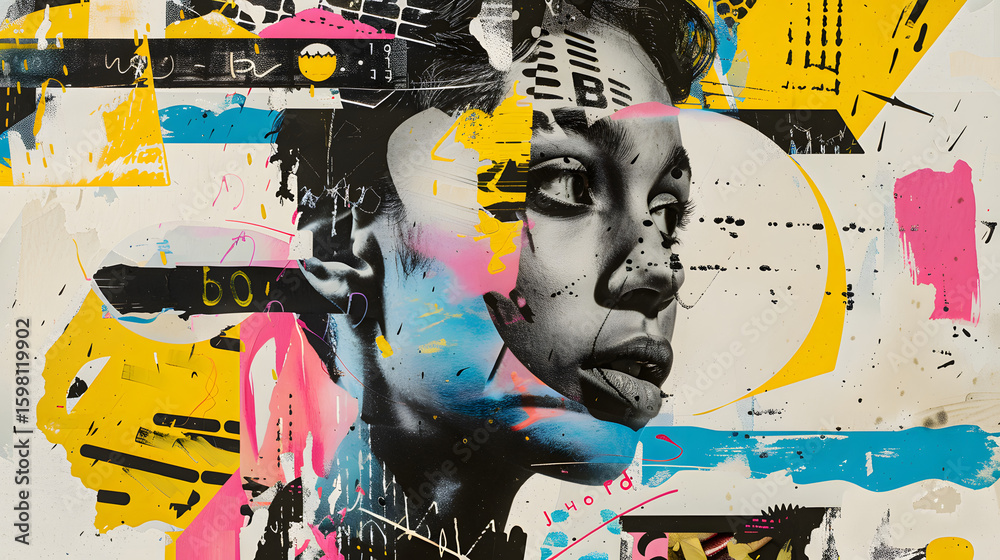 Obraz premium A dynamic abstract collage of a fragmented woman's face with bold yellow and pink graffiti elements