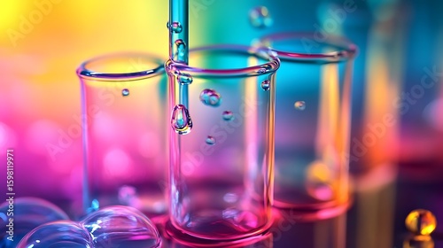 Liquid Drops Filling Glass Test Tubes in Vivid Colors and Bubbles