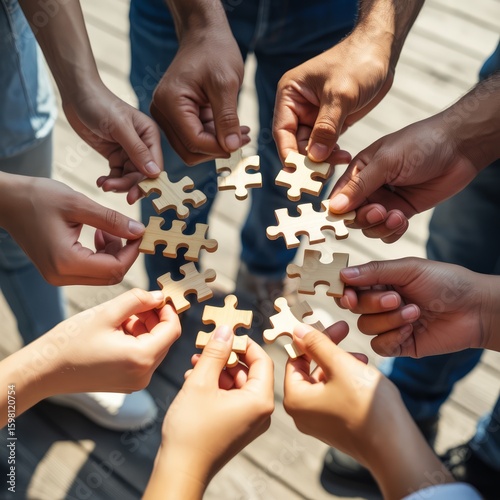 People assembling wooden puzzle pieces hands teamwork