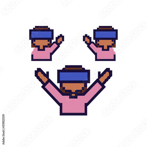Virtual reality pixel art characters wearing headset with raised hands in excitement