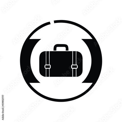 Suitcase silhouette resides within an incomplete solid circle on white, conveying travel readiness