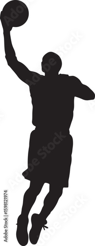 A vector illustration of a male basketball player silhouette jumping for a layup on a white background