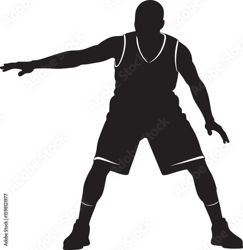 A vector illustration of a male basketball player silhouette in a defensive stance on a white background.
