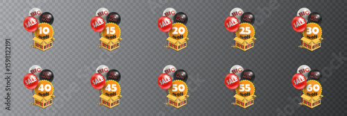 Super offer labels with balloons and a box with discounts 10-60% off.