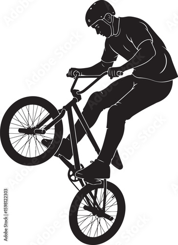  A vector illustration of a male BMX rider performing a wheelie trick.