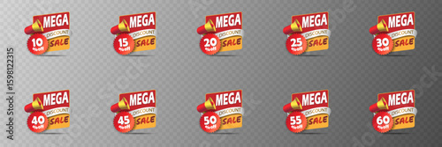 Super discount labels with megaphone and percentage tags 10-60% discount.