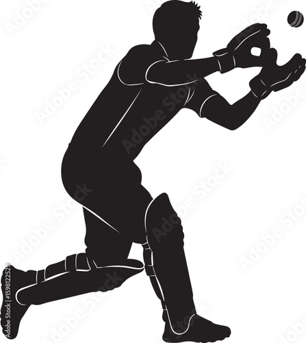 A vector illustration of a male cricket player in silhouette catching a ball on a white background