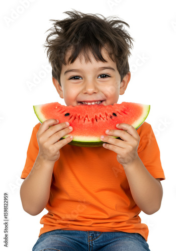 Illustration of a Happy Child Eating Watermelon Slice