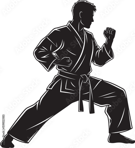 A vector illustration of a male martial artist silhouette in a ready stance.