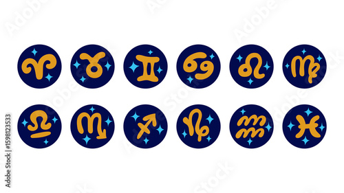Astrological zodiac signs set. Vector illustration, simple flat symbols design for articles, newspapers, magazines. 12 astrological elements. Astrology horoscope icons, isolated on white background