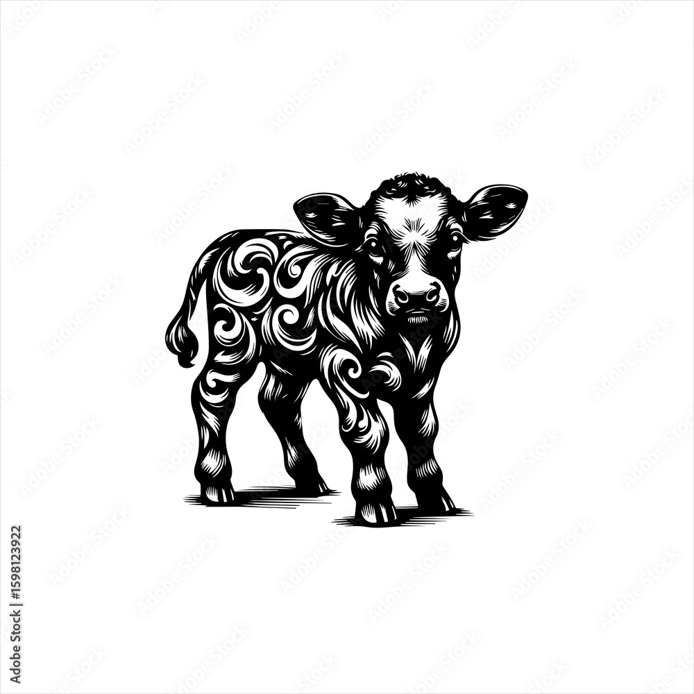Fototapeta premium Black and white illustration of a calf with ornate swirling patterns on its body