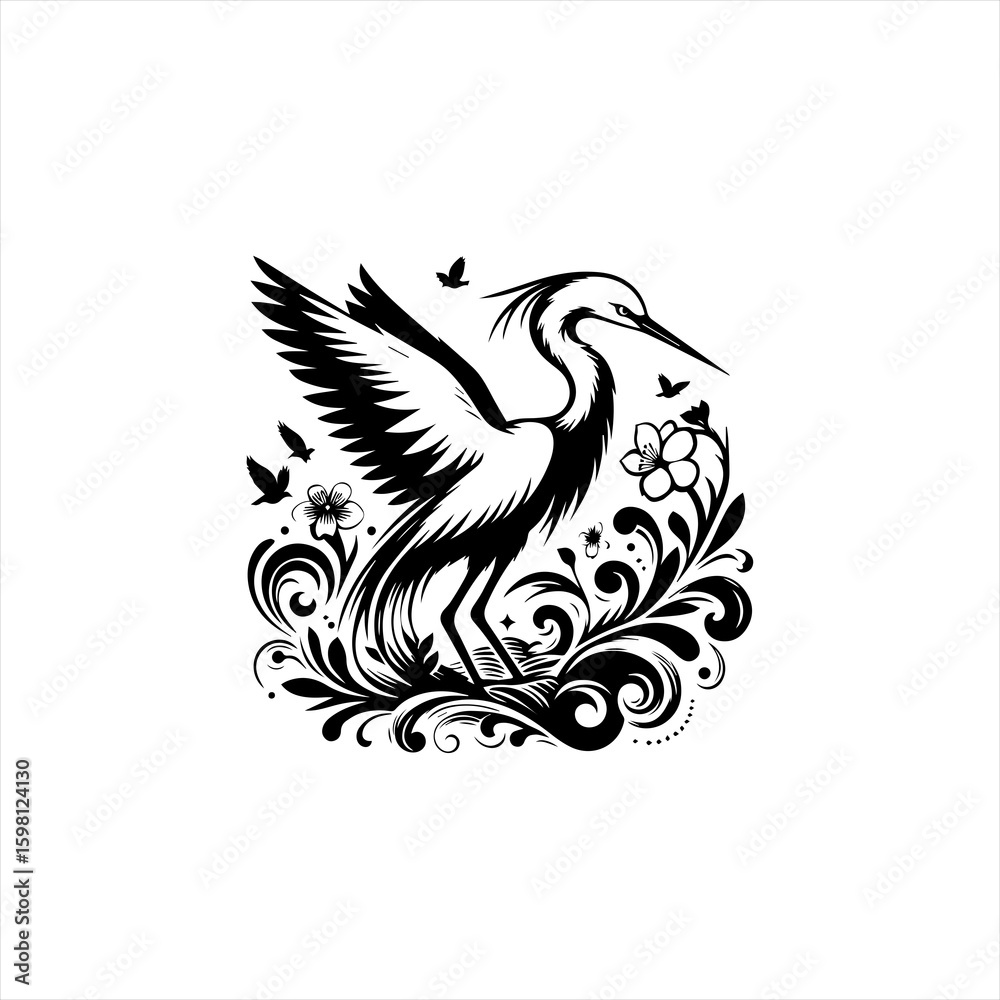 Obraz premium Elegant black and white silhouette of a crane with wings spread amidst floral designs and flying birds