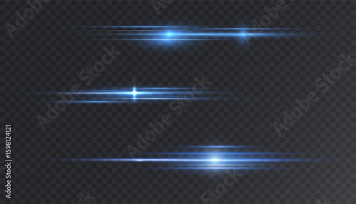 Bright horizontal highlights. Laser beams, horizontal beams of light. Beautiful light bursts PNG. Vector