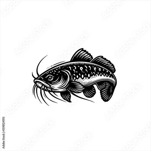 Black and white illustration of a catfish with whiskers