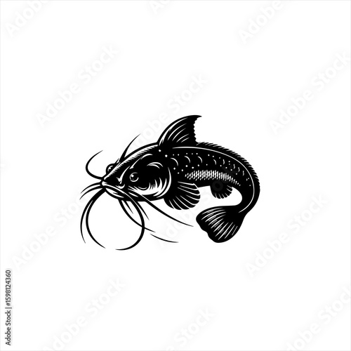 Stylized black and white illustration of a catfish