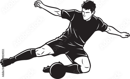 A vector illustration of a male soccer player sliding to tackle a football on a white background.