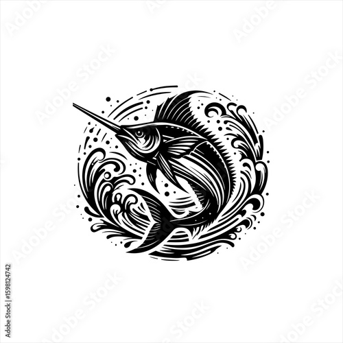 Black and white illustration of a marlin jumping through stylized waves