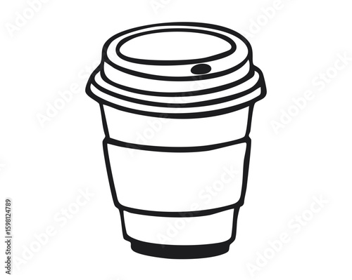 Takeaway coffee cup with lid and protective sleeve. Black outline illustration isolated on white background. Disposable drink container. Beverage and coffee break concept for design and print