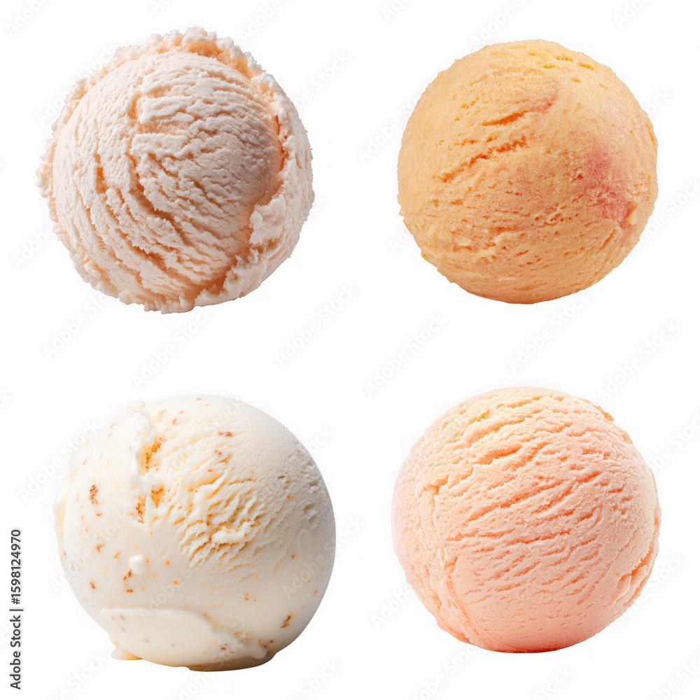 Fototapeta premium Set of isolates without background featuring peach ice cream scoops for summer enjoyment.