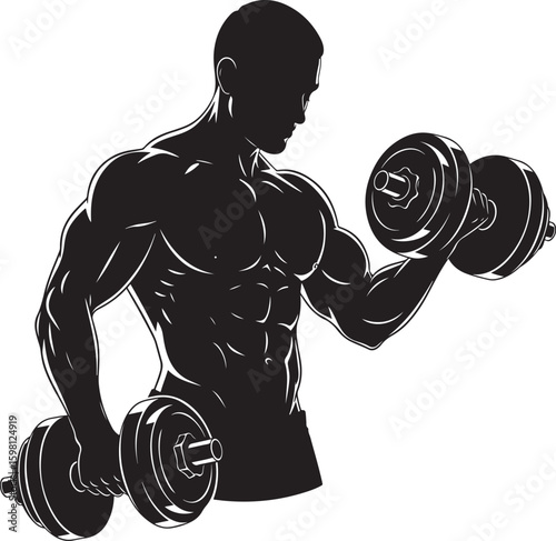 A vector illustration of a muscular male silhouette lifting dumbbells for exercise.