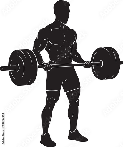 A vector illustration of a muscular male silhouette performing a barbell deadlift on a white background.