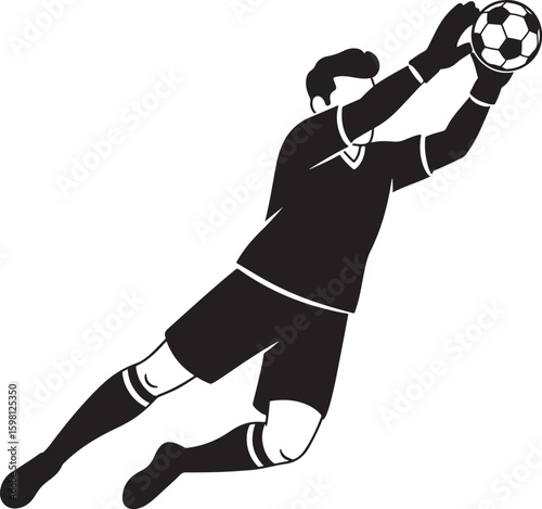 Isolated black silhouette vector illustration of a football (soccer) goalkeeper making a save against a crisp white background.