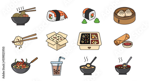 Colorful cartoon icon set of popular Asian food, including ramen, sushi, dim sum, and bento box.