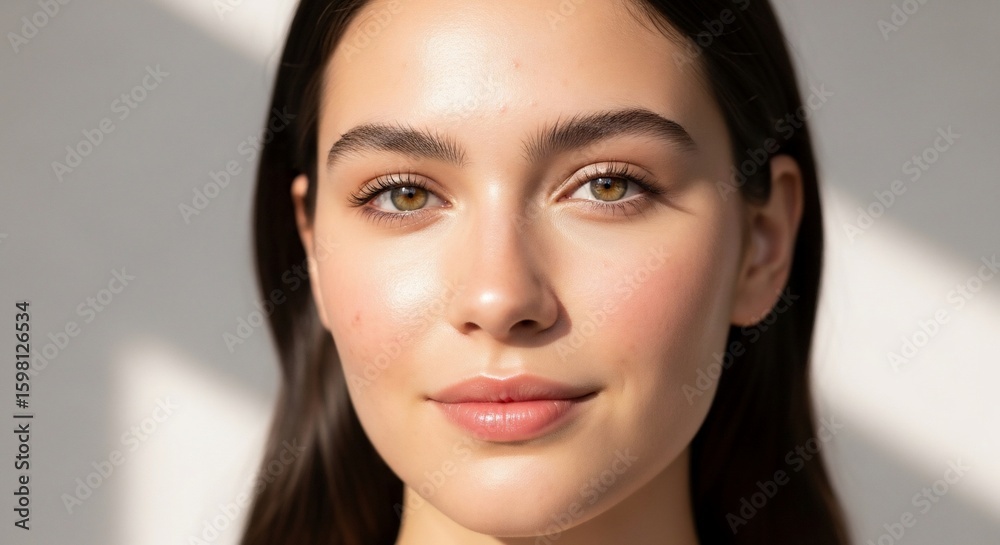 Portrait of a young woman with soft features and a gentle expression, lit by natural sunlight. Portrait of a young woman with soft features and a gentle expression, lit by natural sunlight.