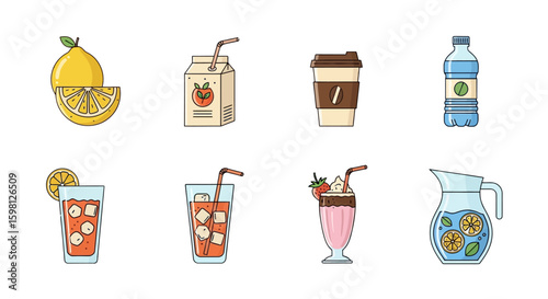 Vibrant collection of beverage icons in a flat line art style, featuring lemonade, coffee, juice, water, and a milkshake.