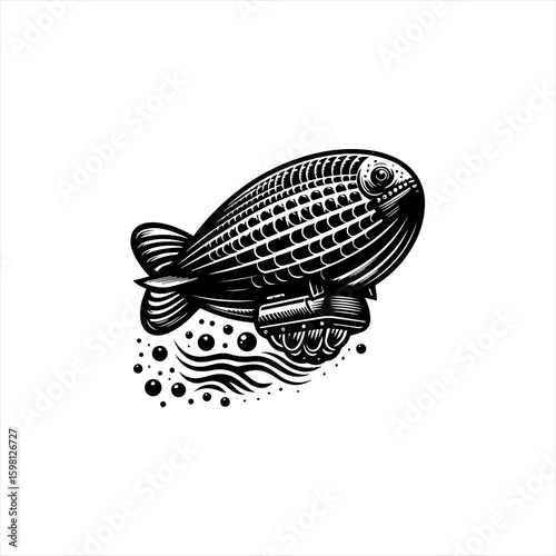 Vintage airship illustration with smoke and bubbles