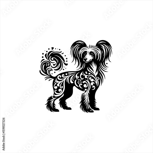 Elegant chinese crested dog with ornate swirls and filigree design
