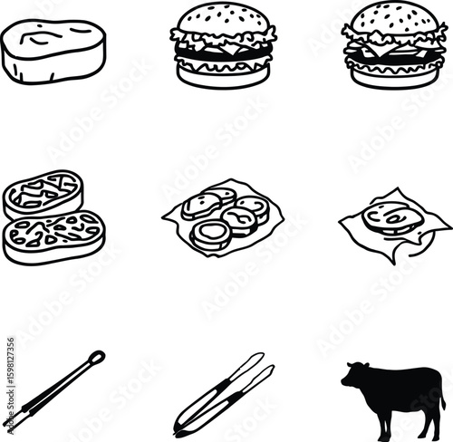A selection of black and white drawings showing burgers steaks and a cow in a grid arrangement