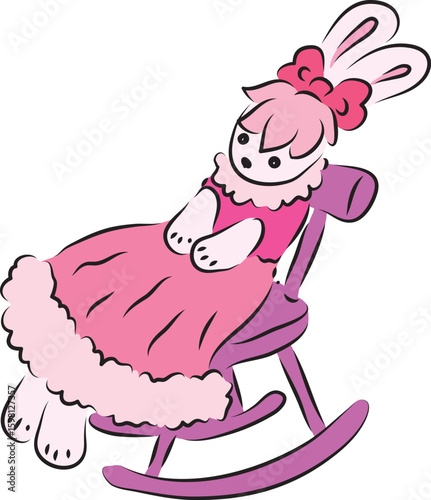 Cute bunny in a pink ball gown with a pink bow on her head sits and relaxes in a rocking chair, drawing in pink shades, hand drawn with a brush black curved contours