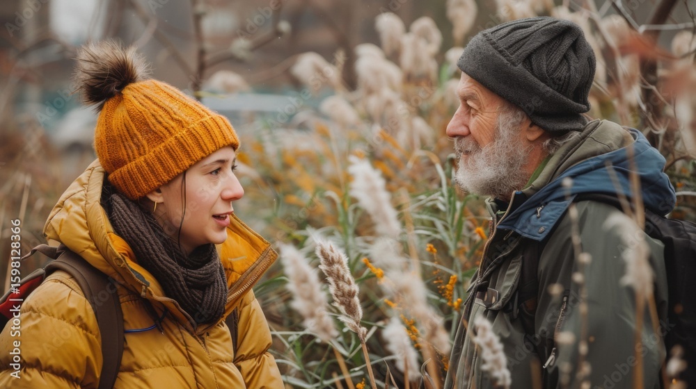 Fototapeta premium Father and Daughter Talking Outdoors featuring Conversation, Talking, Communication, Relationship Family Father Daughter Senior Woman Young Adult Outdoors Nature Autumn